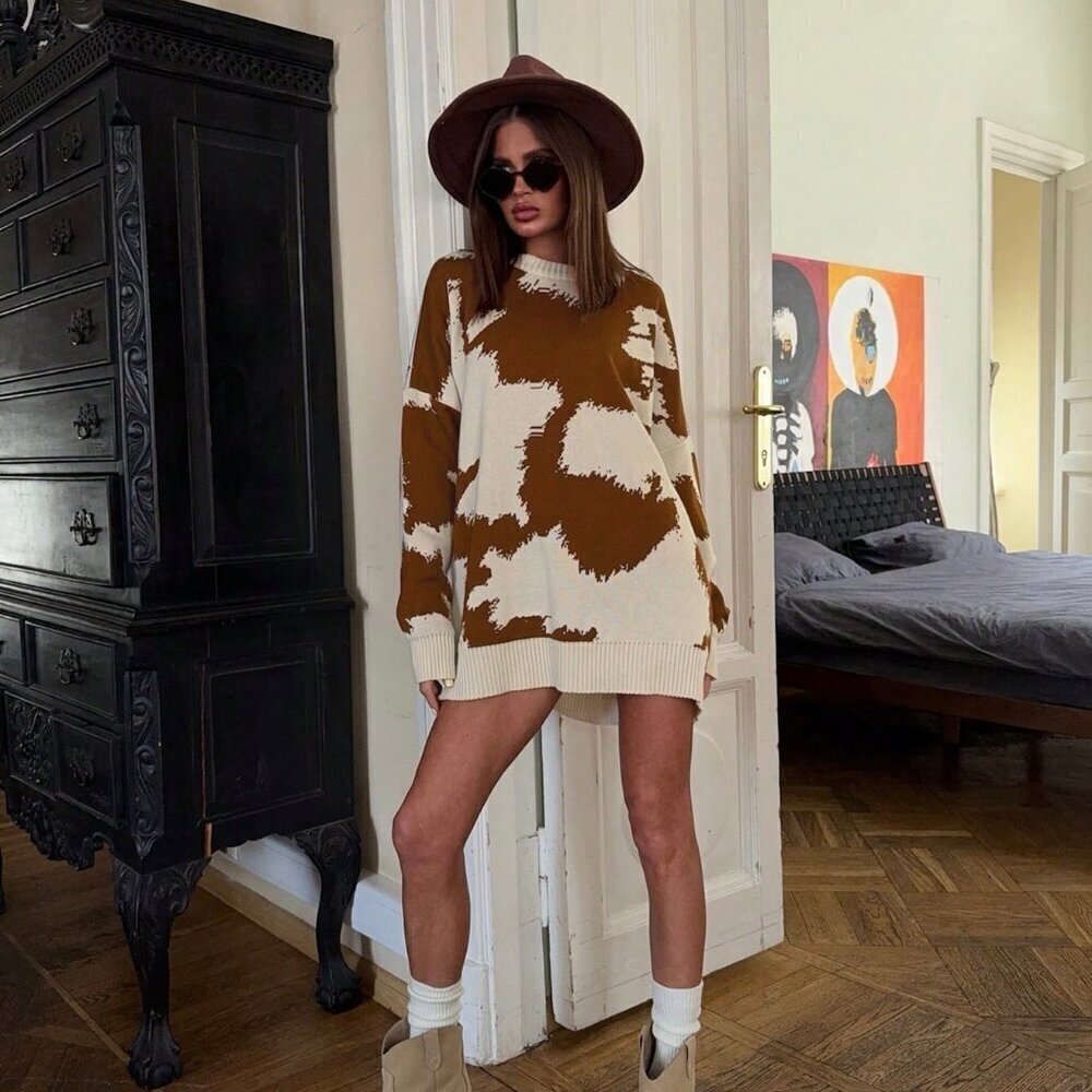 Multicolor Casual Women's Cow Print Western Cowboy Round Neck sweater top - Picture 8 of 9
